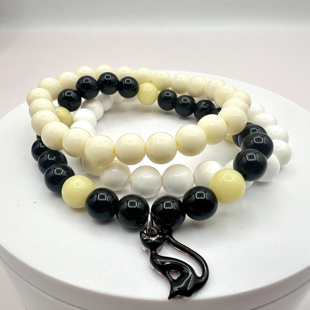 Vintage 90s Black Enameled Cat Charm Glass Bead Stretch Bracelet Set Jewelry Y2K
